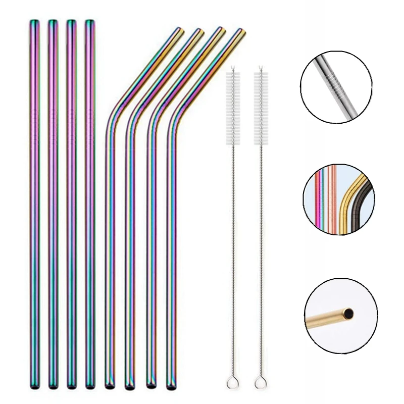 Straws-Set Brush Drinkware-Bar Cleaner Party-Accessory Metal Rainbow-Color Reusable 304-Stainless-Steel