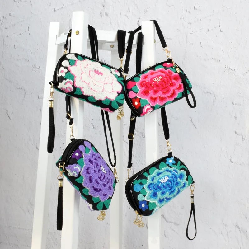 New Style Canvas Embroidery Bag Women's Embroidered Change Mobile Phone Bag Shoulder Cross-body Mini Clutch Bag