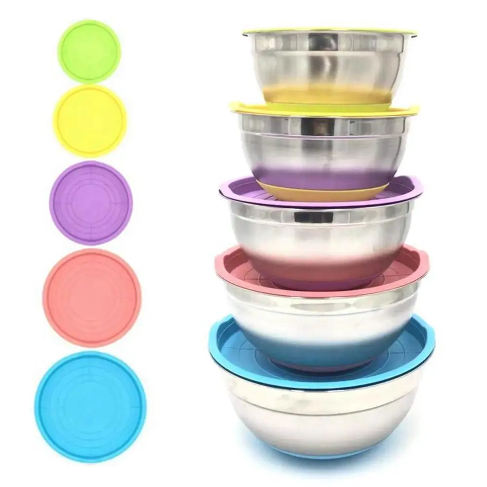Stainless Steel Mixing Bowl With Lid Home Kitchen Egg Mixer Salad Bowls Non-slip Silicone Bottom Food Storage Bowl Set