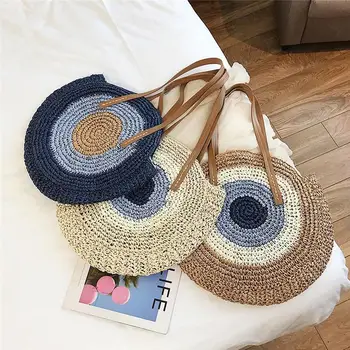 

Round Straw Bags Women Summer Rattan Bag Handmade Woven Beach Cross Body Bag Straw Woven Bohemia Handbag Shopping Bag