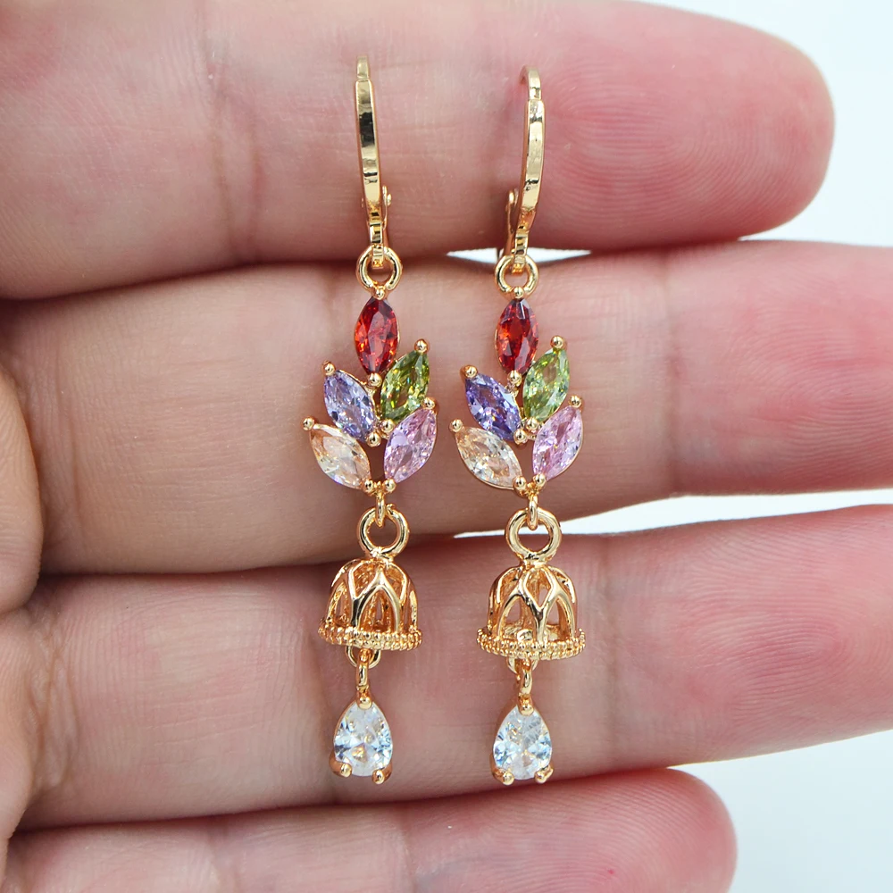 

AAA+ Cubic Zirconia Gold Color Fashion Women Colorful CZ Flower Ringing Bell Dangle Wedding Earrings Jewelry