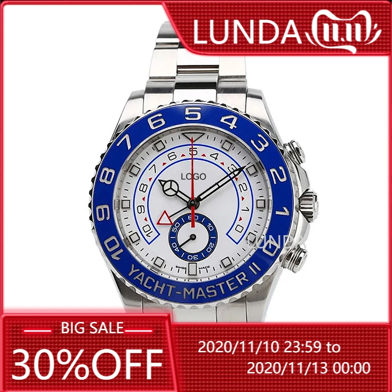 AAALuxury Watche Mens AAA 44mm Automatic Blue Ceramic Bezel Mens Stainless Steel Watches YACHT Wristwatch Multifunction Chrono afbeelding