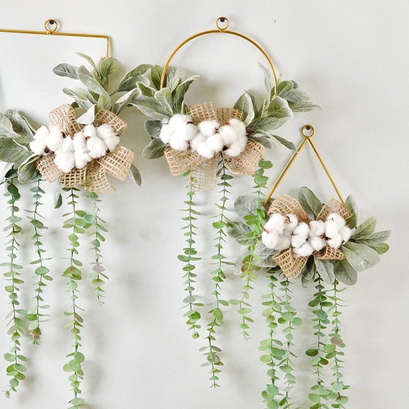 JAROWN European Style Geometry Metal Cotton Flower Garland Hemp Rope Home Wall Decoration Furnishing Artificial Plant Hanging Ring (7)