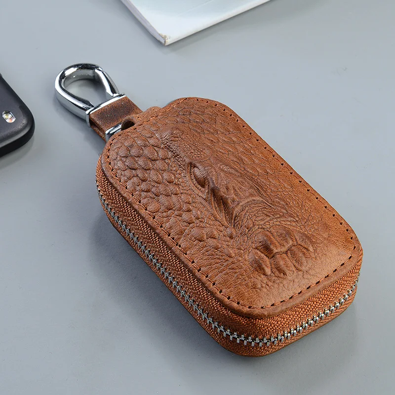 Genuine Leather Car Key Pouch Dual Zip Layer Vintage Crocodile