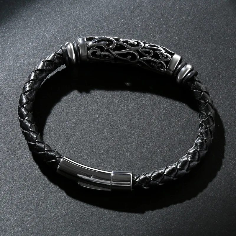 High End luxury Genuine Leather Bracelet Men Golden Hoop Buddha Totem Stainless Steel Male Bracelets& Bangles Women New Jewelry