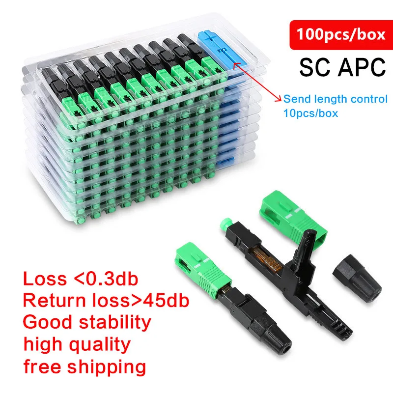 100 PCS Embedded SC APC Fiber Optic Fast Connector FTTH Single Mode Fiber Optic SC Quick Connector Green Adapter Field Assembly