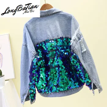 

Sequin Woman 2020 Spring Autumn New Long Sleeve Sequins Stitching Denim Coats Loose Short Jeans Jacket Hole Outwear