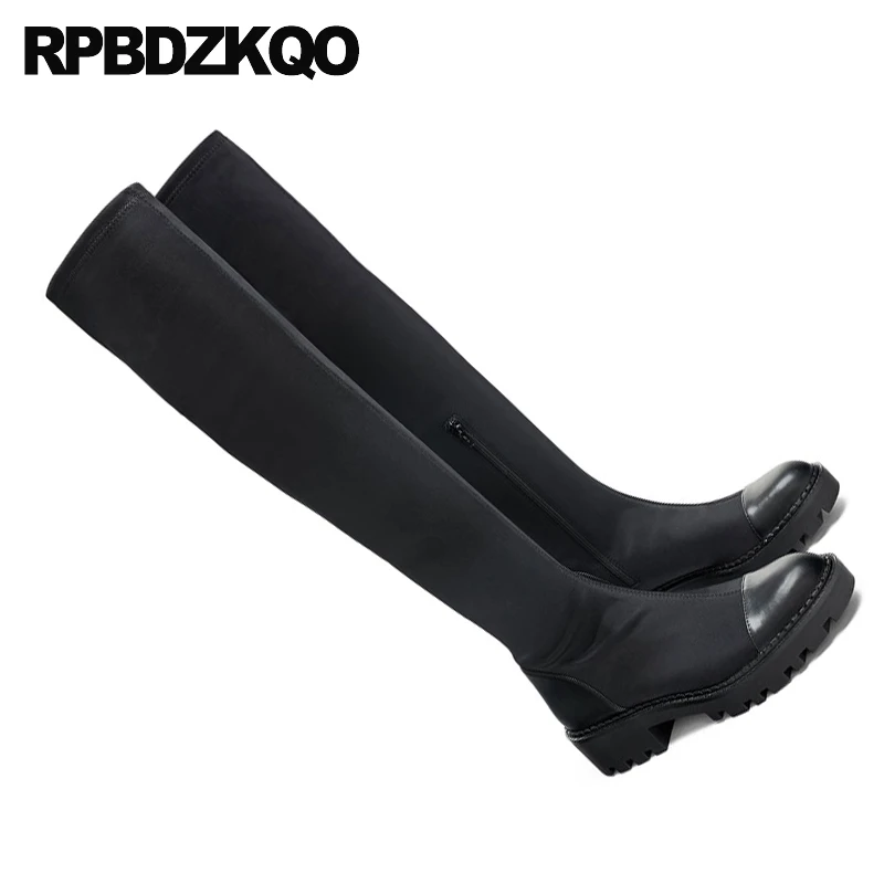 flatform women stretch side zip boots over the knee long creepers black tall slim chunky shoes platform casual sexy block muffin