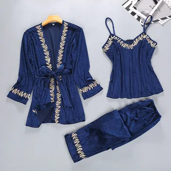 

Soft Autumn Nightwear Sleep Set 3PCS Pajamas Suit Women Homewear Bathrobe Gown Lounge Home Clothing Sleepwear Strap Shirt&Pants