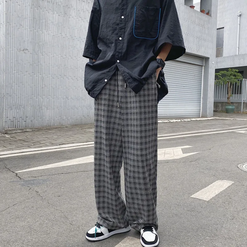 

Spring Plaid Pants Men's Fashion Hit Color Retro Casual Pants Men Street Wild Loose Straight Trousers Mens Wide Leg Pants S-2XL