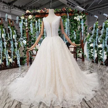 

Backless Elegant Wedding Dresses Long 2019 Sequins V Neck Sleeveless Beads Court Train Formal Bridal Ball Gowns For Women