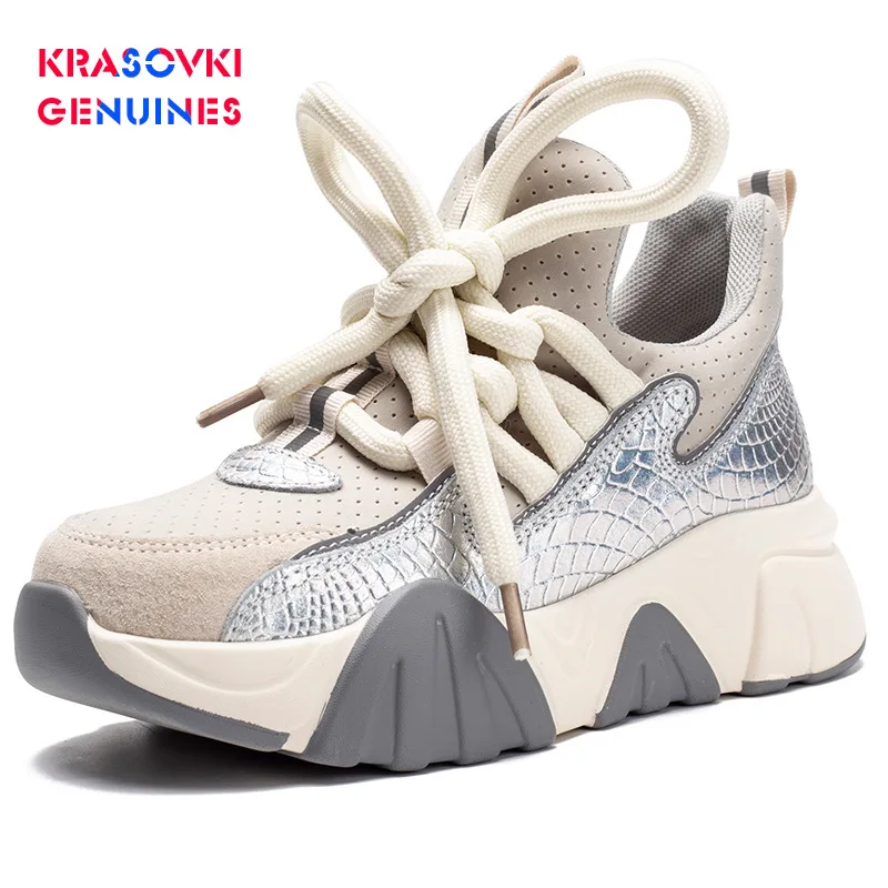 Krasovki Genuines/женские кроссовки; сезон осень; модная женская обувь с круглым носком на толстой подошве; смешанные цвета; женская обувь для отдыха с перекрестной шнуровкой