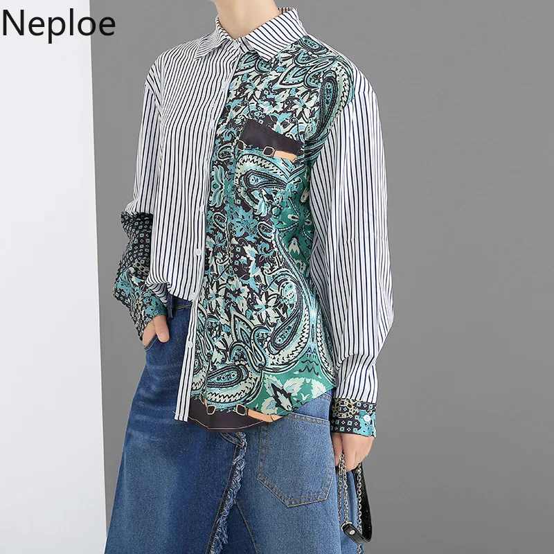 Neploe/Женские блузки в полоску в ретро-стиле, Осенние новинки, Harajuku стиль, Свободные плиссированные блузы, поло, воротник, кнопка, короткая рубашка 45843
