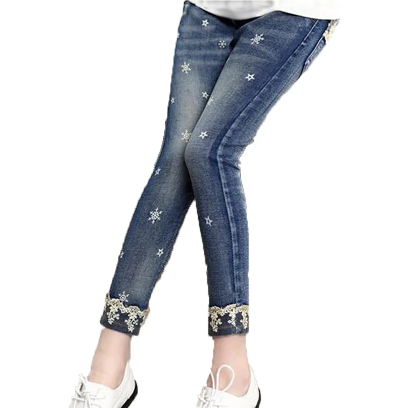 Children Fleece Jeans Winter Kids Girl Ripped Jeans Print Chirldren Girl Denim Casual Trousers Teens Thicken Warm Trousers Jeans