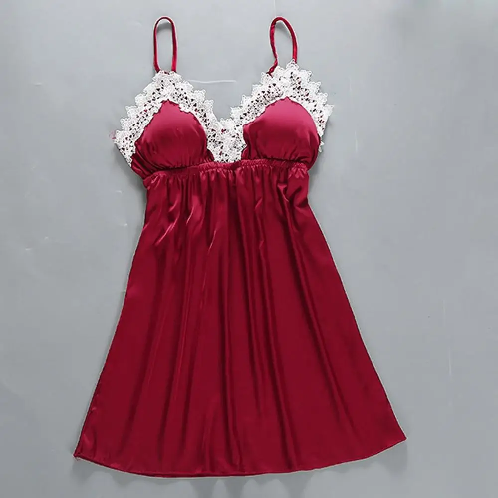 

Wine Red Women's Sexy Lingerie Silk Nightgown Dress Lace Night Dress Sleepwear Babydoll Nightie Satin Homewear Sexy Nightwear N4