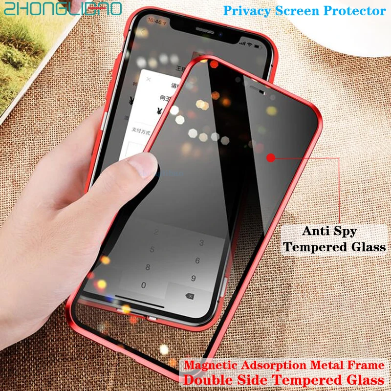

Magnetic Metal Privacy Screen Protector Case for Iphone Xs Max Xr X 8 7 Plus Magnet Anti-peeping Tempered Glass 360 Cover Coque