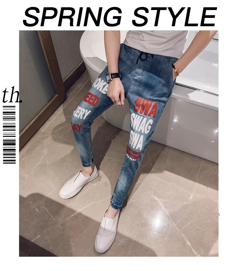 New Arrival Hot Sale Brand autumn men's casual high quality printed trouser male slim korea style fit nine-tenth pants jean
