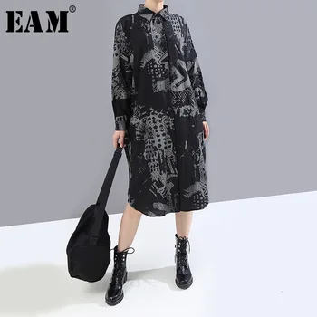 

[EAM] Women Black Pattern Printed Big Size Shirt Dress New Lapel Long Sleeve Loose Fit Fashion Tide Spring Autumn 2020 1M814