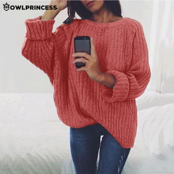 

Daily suit OWLPRINCESS New Knitted Sweater Women Loose Long Sleeve O Neck Warm and comfortable pullover Crop Sweater Femme