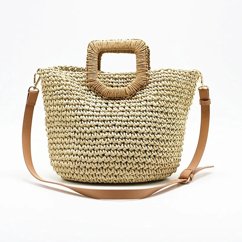 

New Popular Women's Straw Woven Bag Square Handle Paper Shoulder Woven Bag Vacation Woven Bag Beach Bag Khaki Fashion Handbags