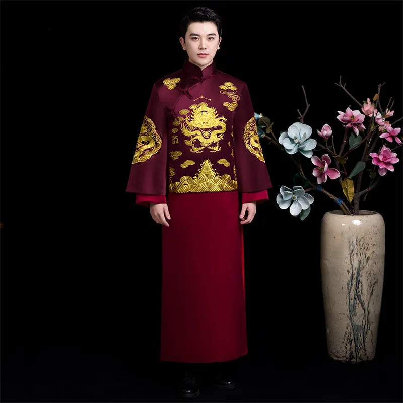 men burgundy Китайский традиционный Чонсам платье красный атлас невесты вышивка свадебное Qipao современный Qi Pao длинный Восточный халат Chinoise - Цвет: men burgundy