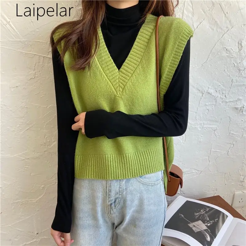 Autumn Korean Retro Loose Vest Sweaters Women All Match V-collar Solid Color Sleeveless Knitted Vest Female Chic Elegant Tops