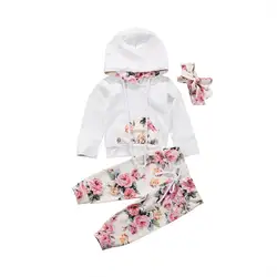 Детский свитер с цветочным принтом для маленьких девочек, толстовка + штаны, комплект с повязкой на голову, повседневный костюм для