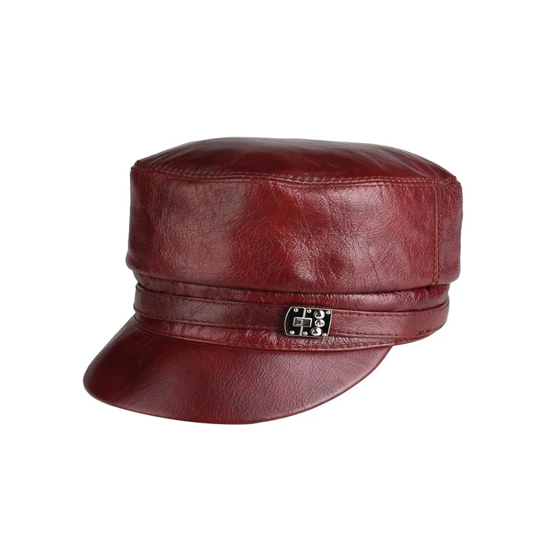 Red-brown H3516 мужская кожаная шляпа с козырьком, пара зимних и осенних корейских высококачественных модных Кепка из воловьей кожи, студенческие женские плоские повседневные теплые шапки - Цвет: Red-brown