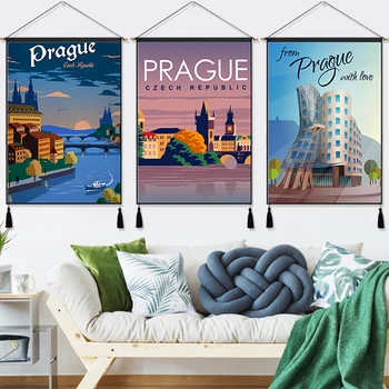 

Czech Republic Capital Prague Travel Vintage Hanging Cloth Cotton Line Paintings Posters Home Decor Wall Hanging Tapestry Gift