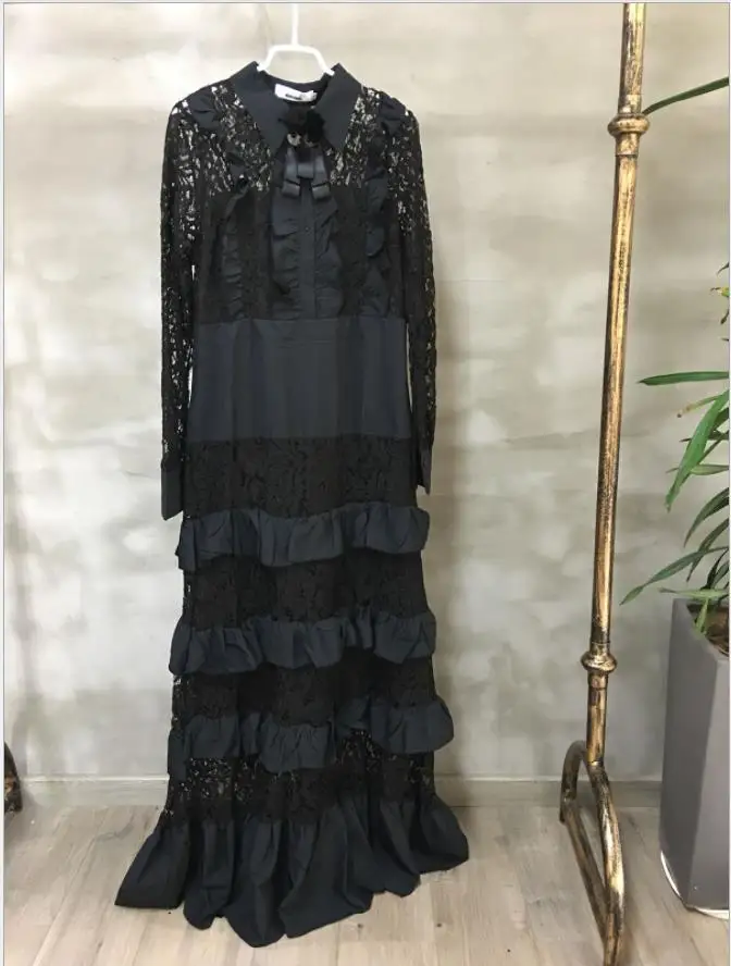 Большой размер стиль классический Африканский женский Дашики Мода Кружева гриб край прострочка длинное платье - Цвет: Черный