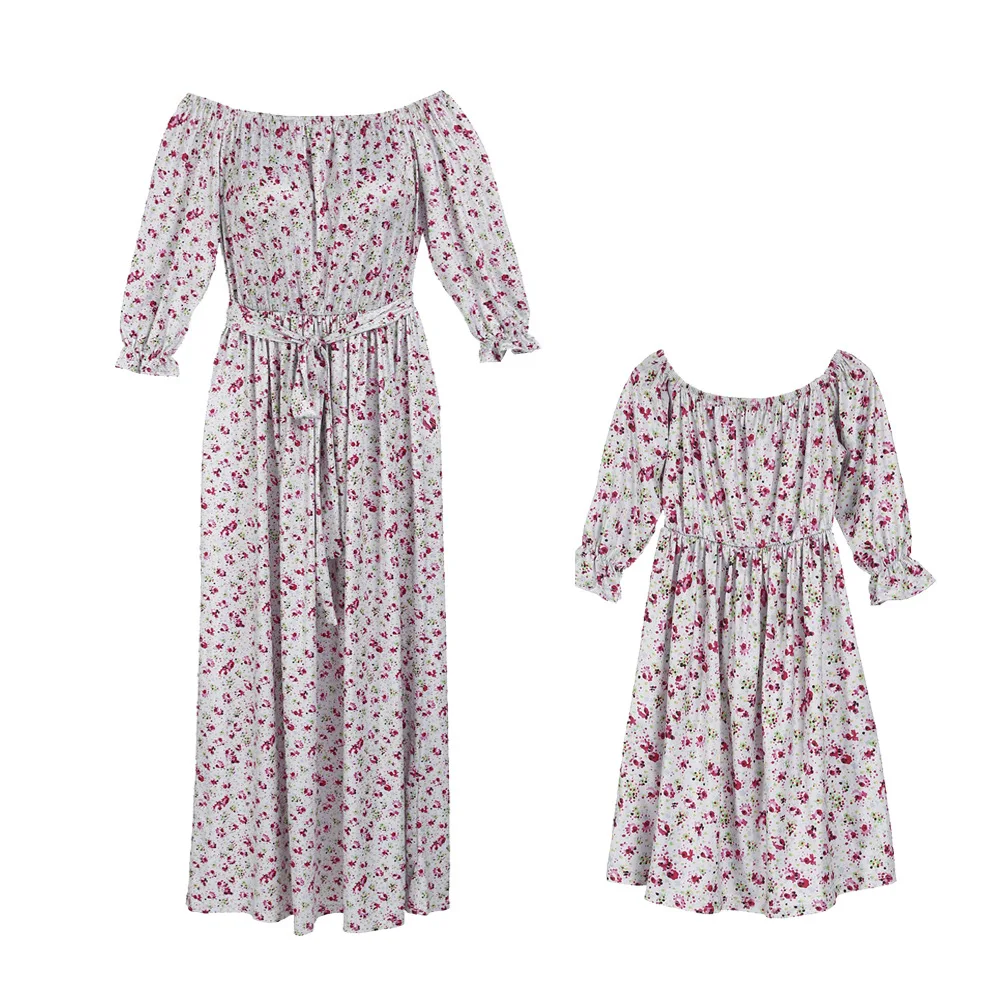 Summer Family Floral Matching Dress Outfit Mother and Daughter Girl Flower Half Sleeves Dress Cute Princess Clothes Family Look - Цвет: 01