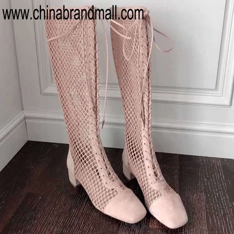 

Long Pink Boot Tight Heel For Womens Lace Mesh Boots 2019 Summer Boots Chunky Heels Women