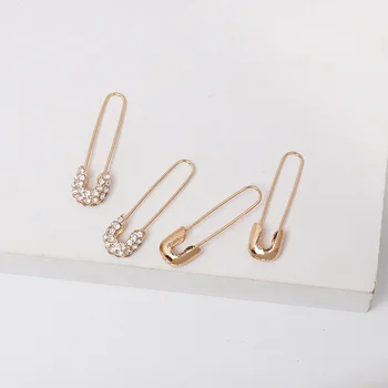 

Unique Design Imitation Pearl CZ Paperclip Safety Pin Stud Earring for Women Girls Gold Punk Body Piercing Earrings Accessories