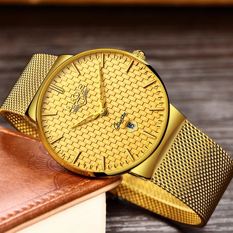 

LG Fashion Men Watche Top Brand Luxury Gold Color Quartz Watch Men Steel Mesh Strap Waterproof Gold Watch Relogio Masculino