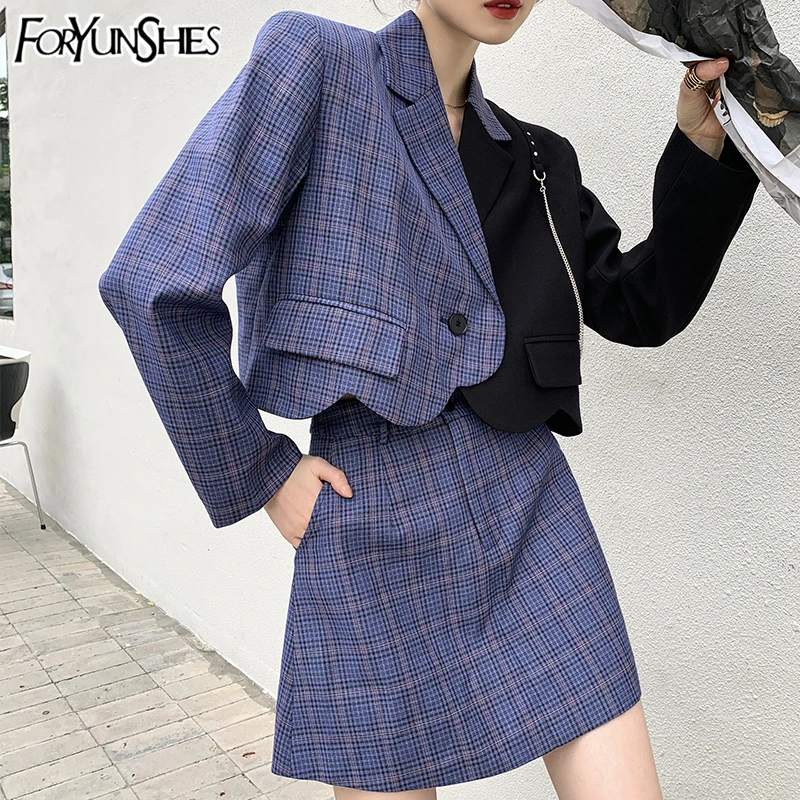 

FORYUNSHES 2 Piece Set Women's Blazer Slim Suits Office Ladies Casual Patchwork Plaid Irregular Business Suits + Sexy Mini Skirt