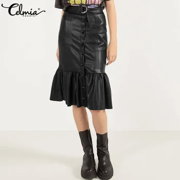 

Fashion Skirts 2020 Celmia Vintage Women PU Leather Knee Length Skirt Sexy Belt High Waist Casual Solid Bodycon Ruffle Skirt 5XL