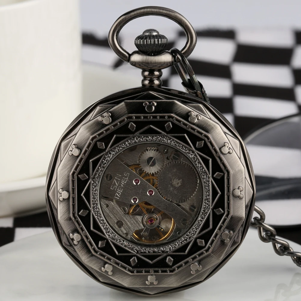 Retro Skeleton Mechanical Pocket Watch Men Women Flower Pattern Roman Number Clock Steampunk FOB Chain Hand Wind Pendant Watch