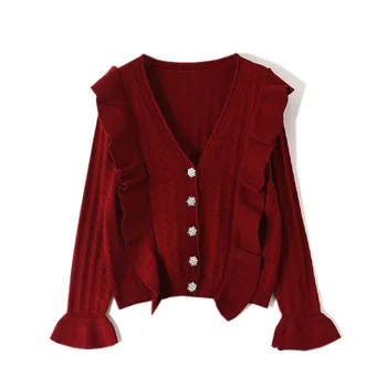 

Autumn Flare Sleeve Knit Cardigan Sweater Women's Tops Ruffles Single Breasted Knitted Jacket Casual Coat Outerwear TA93002