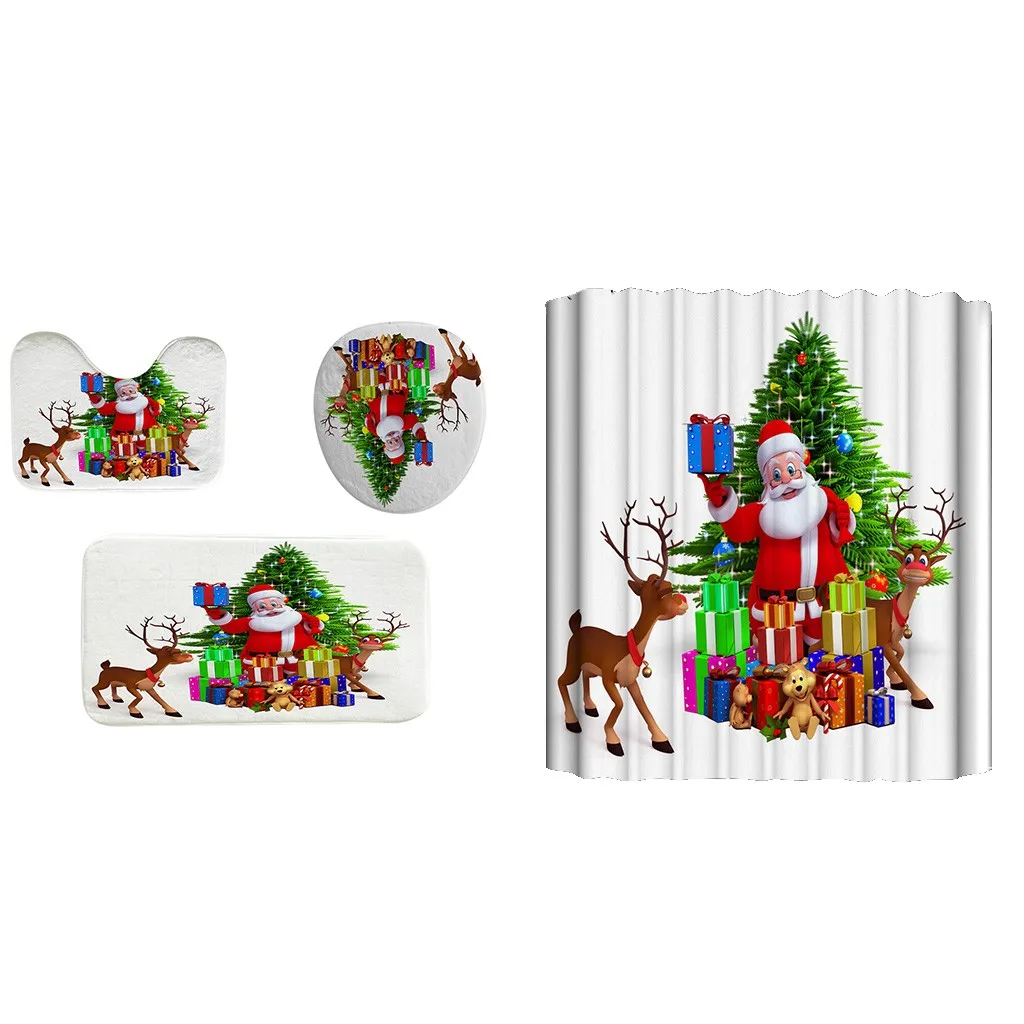 4Pcs Christmas shower Curtain Bathroom Anti-slip Carpet Rug Toilet Cover Mat Set Mat in Door mat Christmas Santa Claus Mat