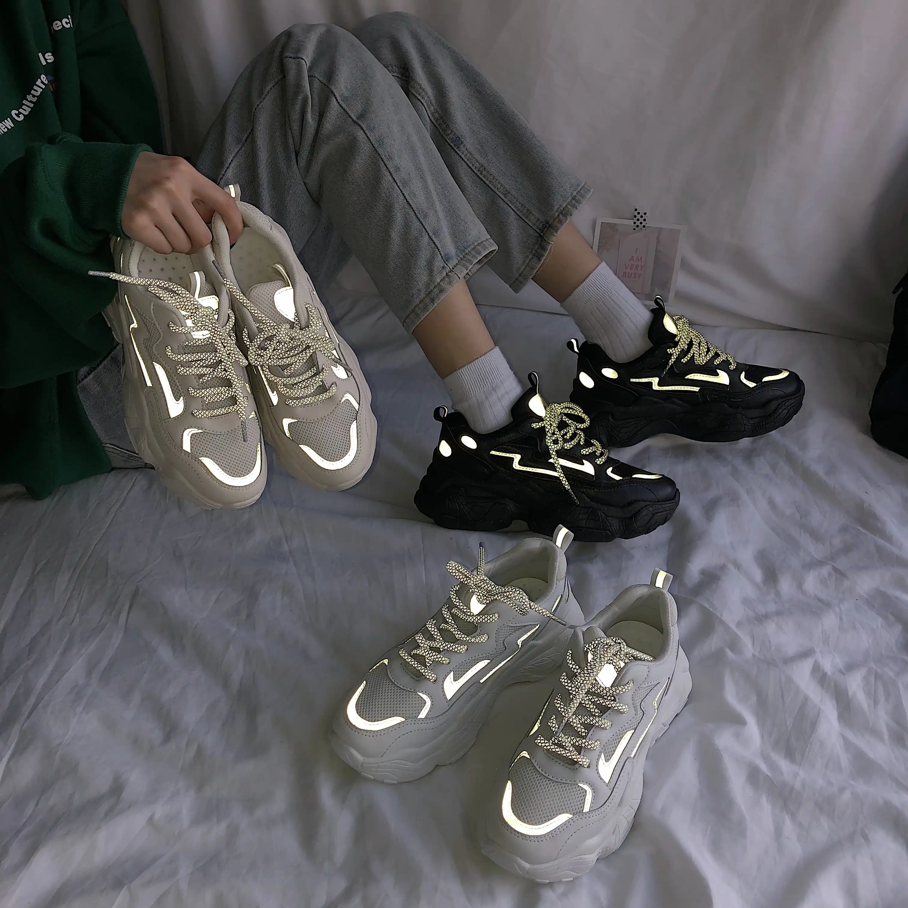 秋スニーカー女性分厚いハイヒールウェッジプラットフォーム女性カジュアルシューズ蛍光女性お父さん靴反射夜間 レディースヴァルカナイズシューズ Aliexpress