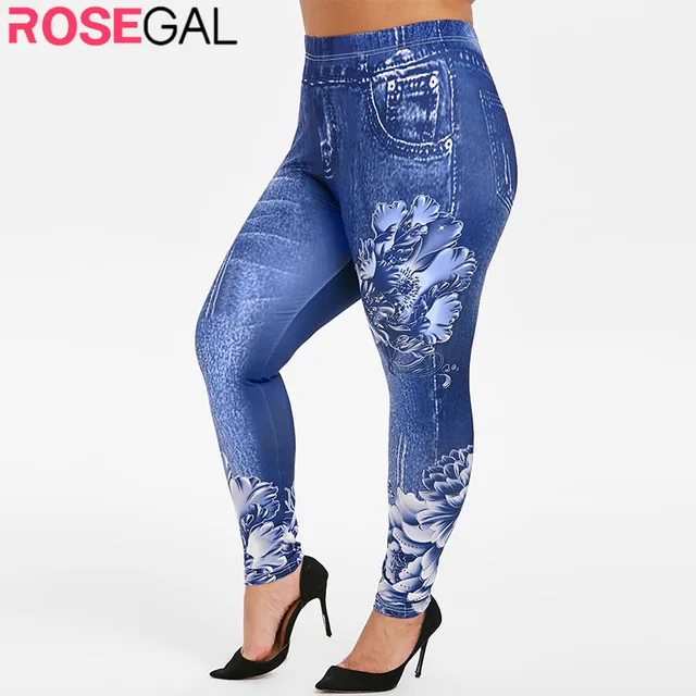 US $9.32 ROSEGAL Plus Size Blueberry Blue 3D Floral Jean Print Jeggings High Rise Tight Bottoms Elastic Wais