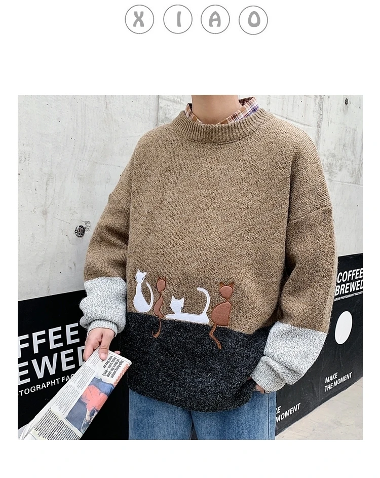 Осень 2019, Корейский мужской свитер, японский Ретро стиль, модный, Простроченный, черный цвет, студенческий стиль