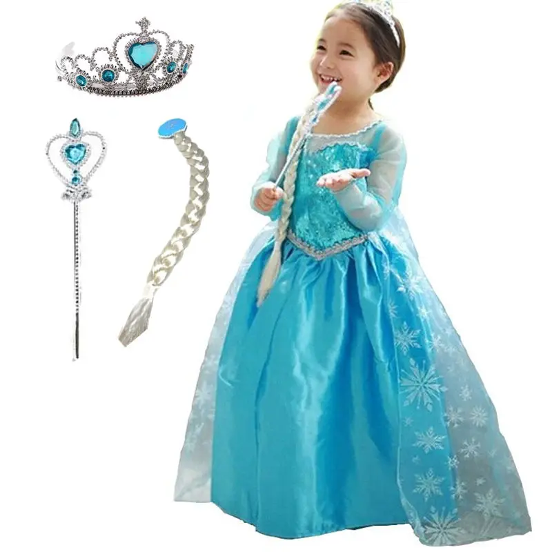 Платья Эльзы для девочек; Детские костюмы принцессы Анны и Эльзы; вечерние костюмы на Хэллоуин; Elza Vestidos; аксессуары для волос; детская одежда для девочек