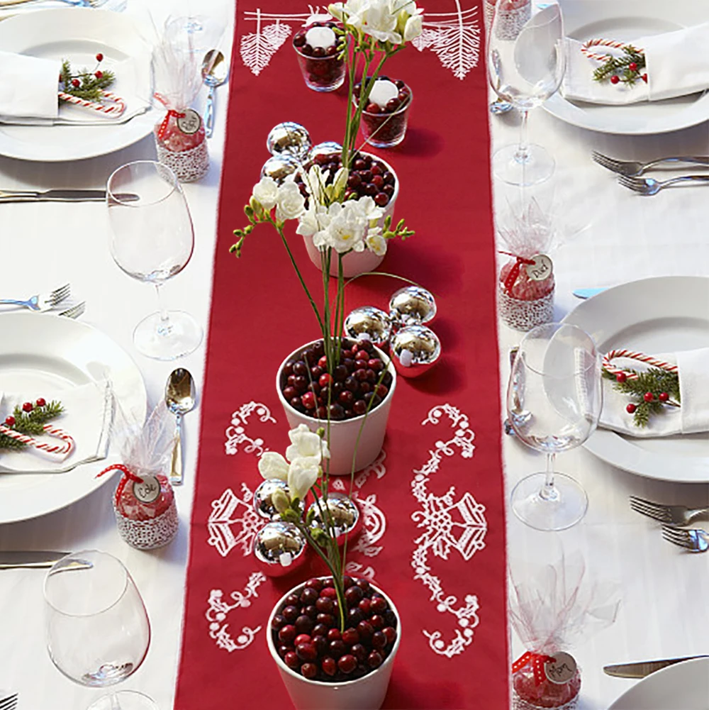 

OHEART Holly Leaf Embroidered Christmas Table Runner Christmas Tree Elk Xmas Holiday Christmas Decorations Red for home 71x13.7"
