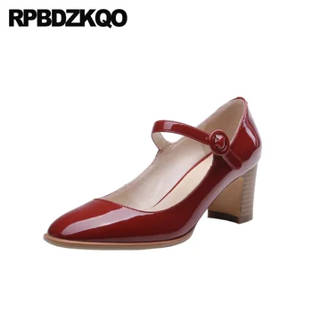 

2019 round toe medium heels wine red pumps high mary janes women shoes footwear chunky ladies block brand patent leather thick
