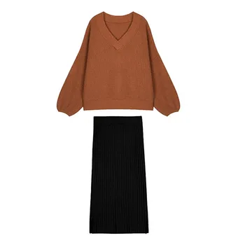

2020 Spring New Casual Pullover Knitted V Neck Sweaters And Knitted Mid Long Skirt Two Piece Set Women Suit Woman Clothes D810