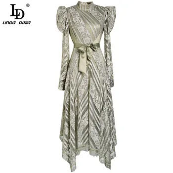 

LD LINDA DELLA Summer Fashion Runway Women Dress Mesh Puff Sleeve Turtleneck Bow Sashes Sequined Bohemian Ladies Midi Dresses