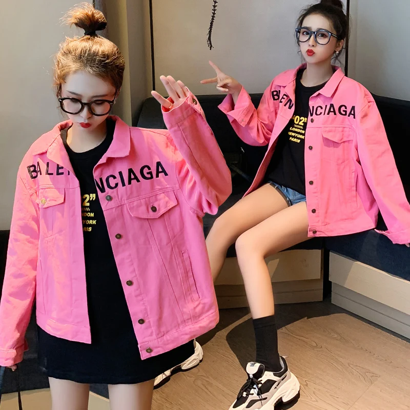 

Female Spring Pink Cowboy Short Coat Loose Leisure Fashion Personality Letters Embroidered Coat Jackets Letter Clothes Bomber