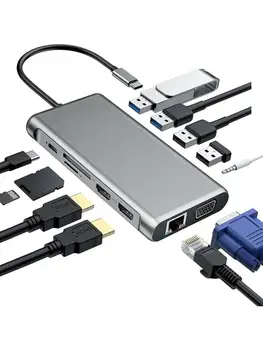 

12 in 1 USB Type C Docking Station Dual 4K HDMI USB3.0 USB2.0 PD VGA RJ45 3.5mm dual TF/SD Card Slot