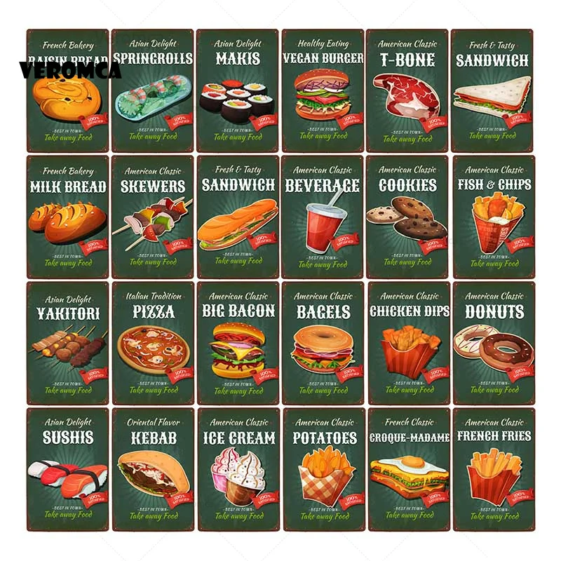 

Hamburger Hot Dogs Tin Sign Metal Plate French Fries Metal Wall Stickers Painting Restaurant Kitchen Vintage Fast Food Shop Deco